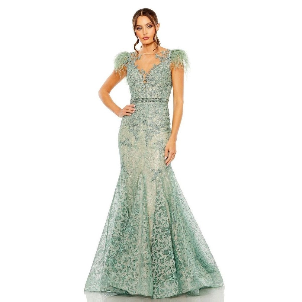 Mac Duggal Green Lace Feather Sleeve Formal Gown Evening Dress